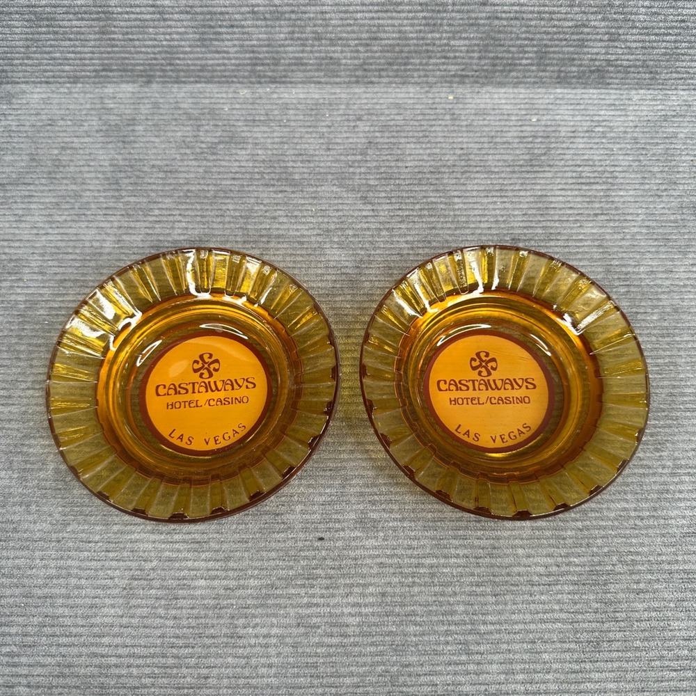 Vintage Castaways Hotel Casino Las Vegas Amber Glass Ashtray Set  2 Collectible